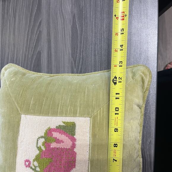 Vintage Strawberry Floral Needlepoint Pillow Velvet Back 13”x13” Cottage Grandma - Picture 10 of 10